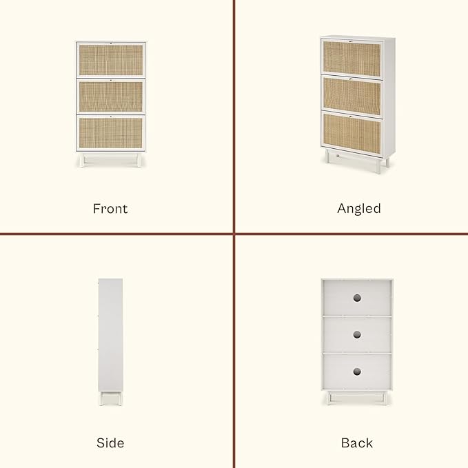 mopio Hannah Shoe Cabinet, Natural Rattan Farmhouse Shoe Storage Organizer, 3 Door Closet Rack for Entryway, Spacious Hallway Storage Cabinet with Doors & Shelves, Sturdy Solid Wood Legs (Whitewash)
