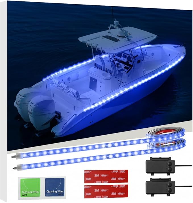 Battery Operated Marine Submersible Boat Lights Strip, 2 Pcs 4FT 9V IP68 Waterproof Blue Kayak Paddle Board Lights, Boat Interior Deck Courtesy Gunnel Cabin Light for Fishing Pontoon Canoe Golf Cart