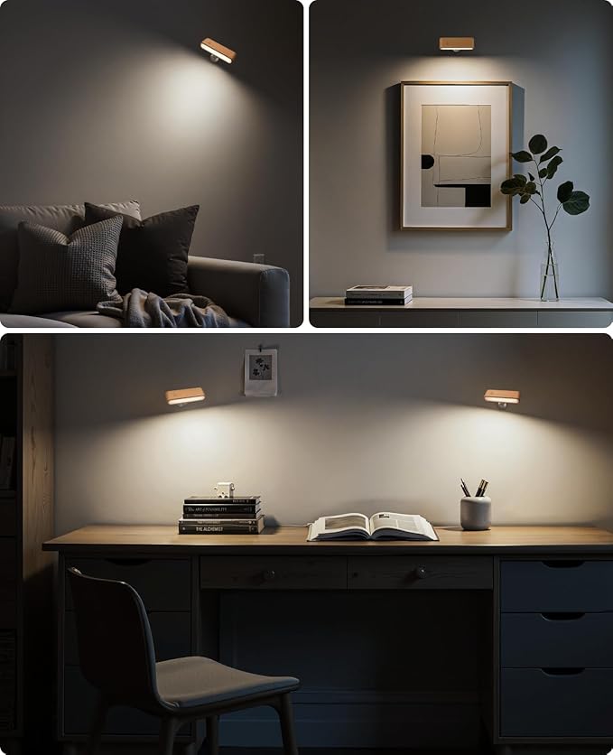 Wood Battery Operated Wall Sconces Set of Two, Magnetic Mini Wall Lights with 360° Rotation and Adjustable Brightness, Stick-On Mount for Bedside, Hallway, Living Room (2Pack Beech Wood)