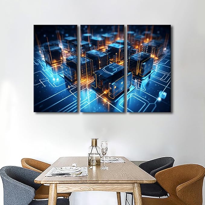 3 Panel Canvas Wall Art Digital Network Concepts Picture Poster for Living Room Bedroom Bathroom Wall Decorations, Stretched Framed Gallery-Wrapped Ready to Hang, 60" Wx40 H
