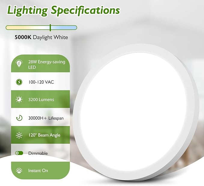 12Inch LED Flush Mount Ceiling Light Fixture, 28W 3200Lm Dimmable Modern Recessed Ceiling Lamp, 5000K Daylight White Round Low Profile Ceiling Light for Kitchen Closet Bedroom Hallway Laundry, 4-Pack