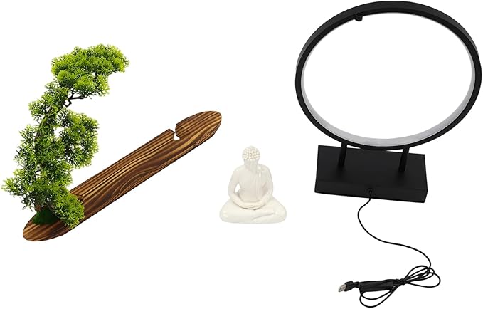 Buddha Statue Lamp with LED Light, 16.5in Zen Decor for Office Desk, Mindfulness Gift for Meditation Space, Indoor Home Decor Figurine with Artificial Tree