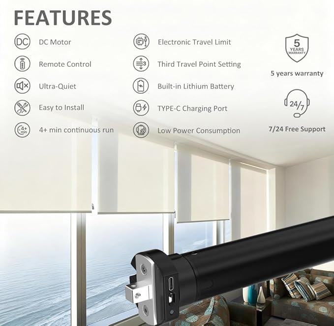 Remote Control Rechargeable Electric Roller Shade Motor, High Torque Tubular Motor for, Built-in 5000mAh Batteries Heavy Duty DIY Retrofit Kit (6.0 N.m for Φ40mm (1.57") Octagonal Tube)