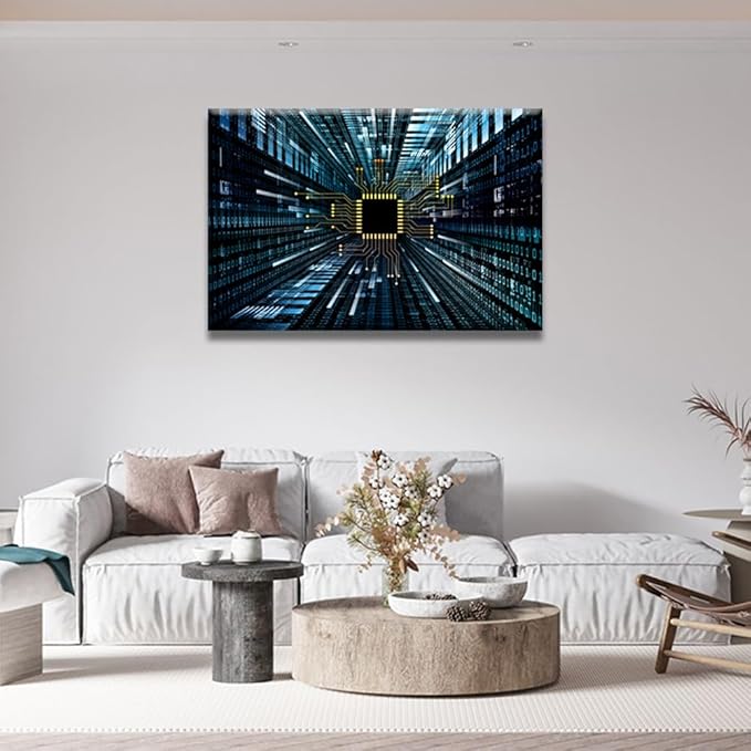 LSIUHWUWI Wall Decorations for Living Room Digital Circuit and Number Graphics Canvas Wall Art 1 Piece CPU Concept Home Decor Circuit Board Poster and Printing Framed Ready to Hang 36X24 INCH
