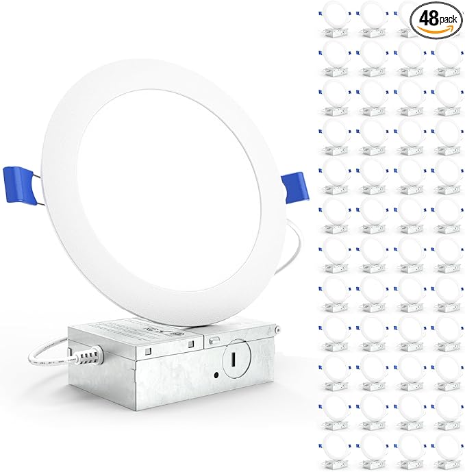 Sunco 48 Pack Recessed Lighting 6 Inch LED, Canless Ceiling Lights Slim with Junction Box, 1200 LM, 14W (100W Equivalent), 2700K Soft White, Dimmable, Wafer Thin, 50000 Lifetime Hours ETL