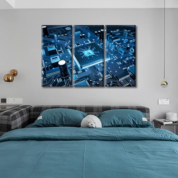 CPU Concept Canvas Wall Art Integrated Communication Processor Posters and Prints Bathroom Decor Wall Art 3 Panel Circuit Board Bedroom Poster Artwork Print on Canvas Framed Ready to Hang (60"Wx40"H)