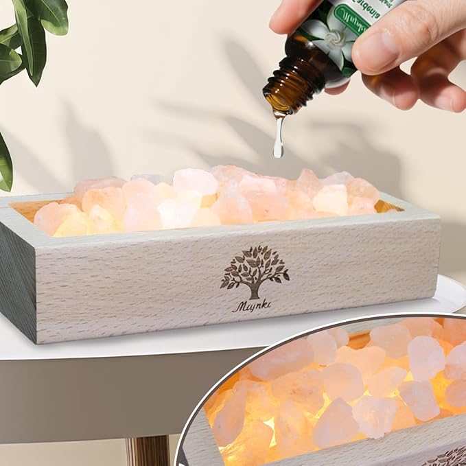Himalayan Pink Salt Lamp Diffuser with Wood Base - 300g Natural Salt, USB Powered, Warm Light & 10ml Gardenia Essential Oil Set for Aromatherapy, Relaxation, Meditation, Home Decor, Gifts