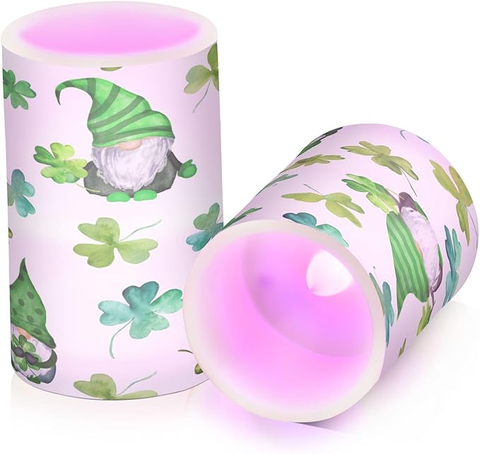 YETTASBIN St.Patrick's Day Gnome Flameless Candles with Remote Control and Timer, Adjustable Brightness Long Lasting Battery Operated LED Pillar Candles for Indoor Outdoor Party Home Decor, 2 Pack