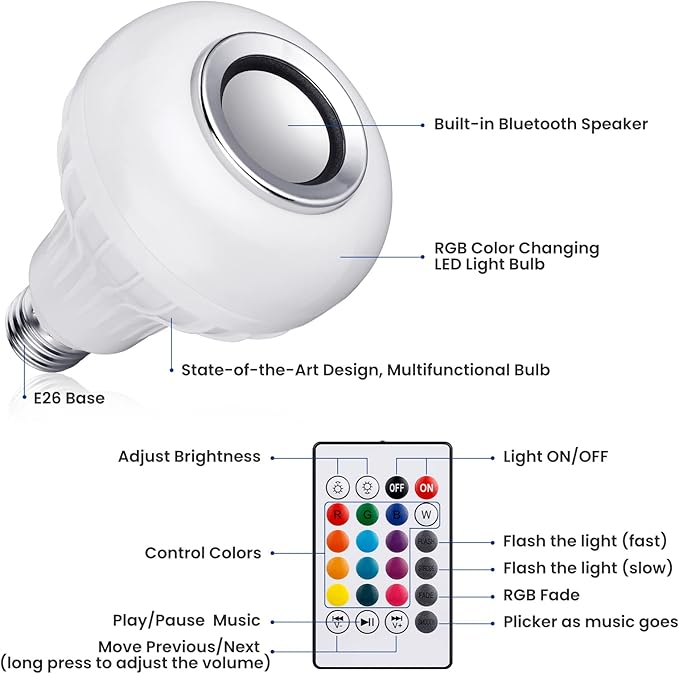 LED Light Bulb Bluetooth Speaker with Remote Control and APP, White+Color Changing - Works with E26 Base Fixture - Perfect Lamp for Home, Party, Bedroom, Indoor Floodlight Bulb