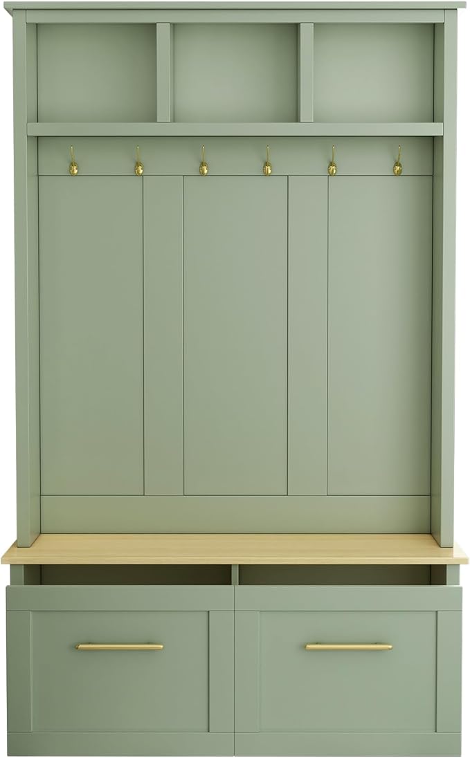 Merax Versatile 4-in-1 Hall Tree with 6 Golden Hooks, Wood Grain Bench with Multiple Storage Space, Entryway Coat Rack with 2 Drawers for Living Room, Hallway, Mint Green