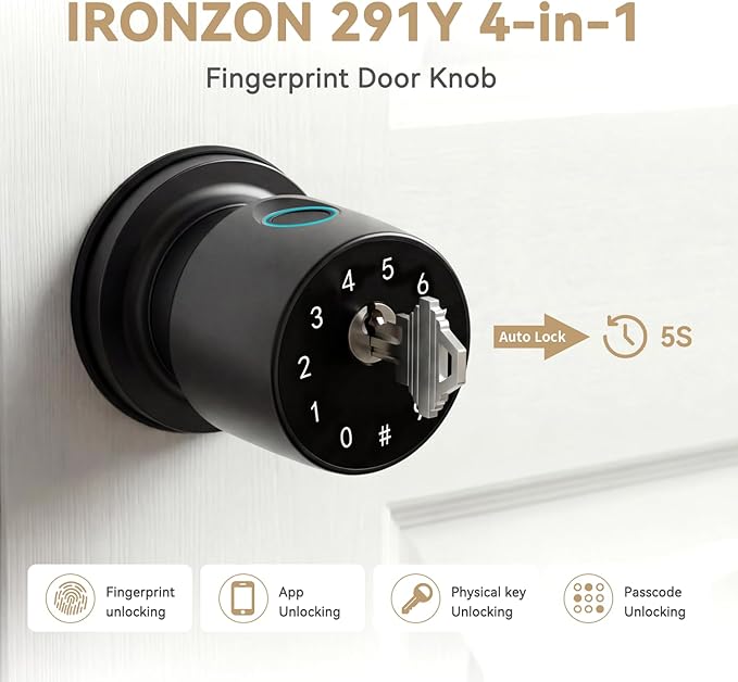 IRONZON Fingerprint Door Knob for Bedroom - 291Y 4-in-1 Keyless Bedroom Door Knob smart Door knob with App, One-tap Privacy Mode Setup, Auto-Lock Easy to Install - Matte Black