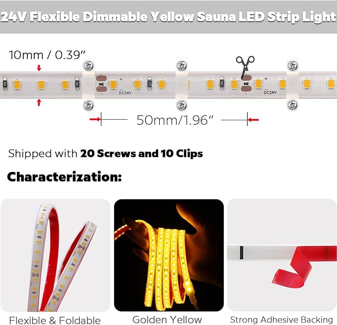 SuperlightingLED DC24V Warm Amber Gold Sauna LED Tape Light 2000K, 5m 16.4ft Long Dense 600 LEDs Flexible Customizable High-Heat Resistant LED Strip Lights IP68 Submersible (Amber Gold)