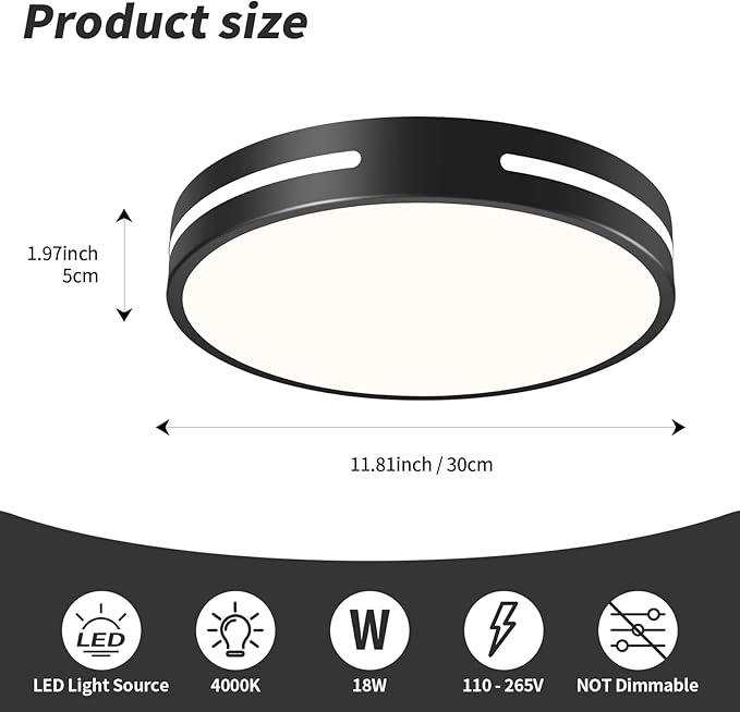 Modern Black Flush Mount Ceiling Light Mid-Century LED Ceiling Light Bedroom Light Fixture Minimalist Ceiling Lamp for Laundry Room Kitchen Hallway Bedroom 11.81 Inch