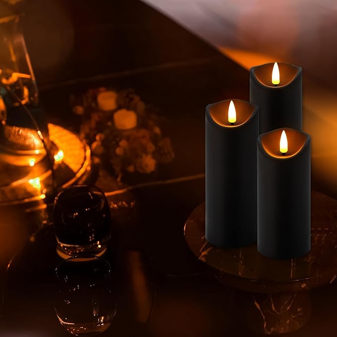 Set of 24 Flickering Black Flameless Candles, Battery Operated LED Pillar Candles with Remote Control and Timer Essential forfor Home Decor&Festival Celebrations&Table Decorations&Wedding.