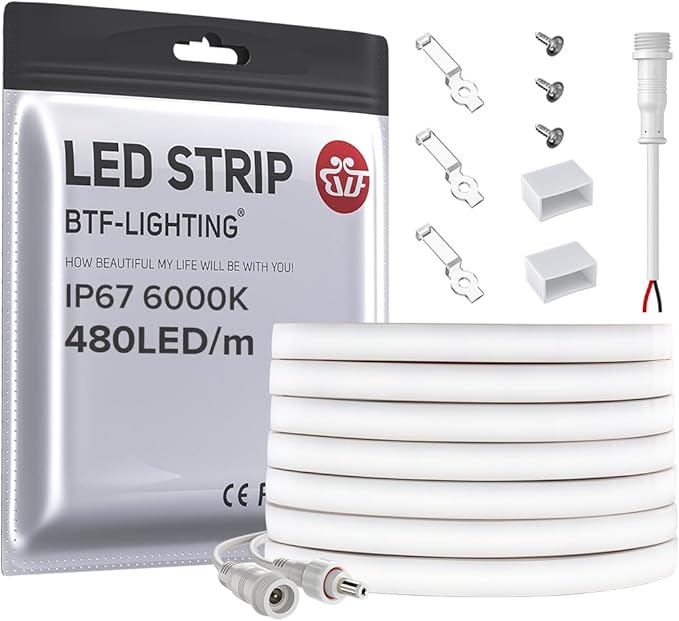 BTF-LIGHTING FCOB COB LED Strip IP67 Waterproof Flexible High Density Uniform Diffused Neon Light 16.4FT DC24V Cool White 6000K 480LED/m CRI 90+ for Indoor Decor(No Adapter or Controller)