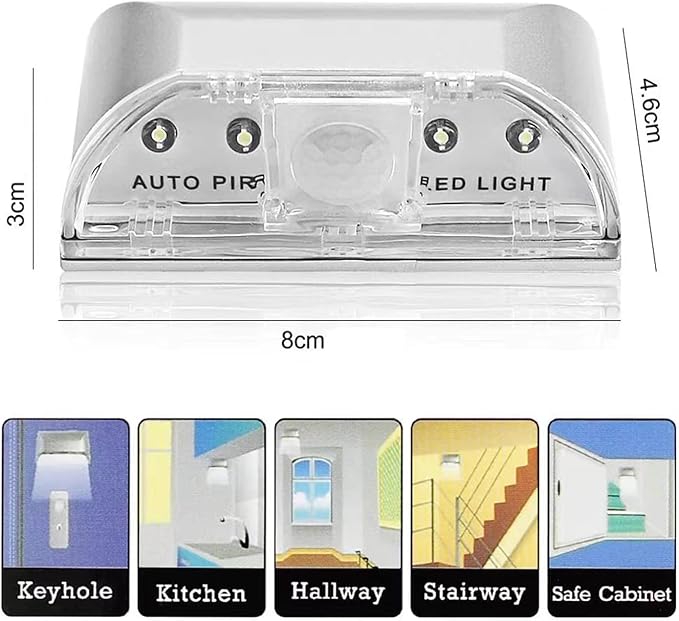 Key Light Door Light, Small Motion Sensor Light with 4 LED Bulbs, Battery Powered Night Lights for Hallway, Stairway, Kitchen, Closet, Bedroom (Silver)