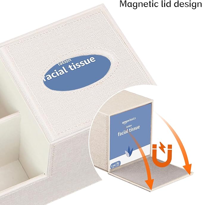 Fanousy Square Tissue Box Cover with Storage, PU Leather Cube Tissue Box Holder, Remote Control Nightstand Organizer, Modern Desk Caddy for End Table, Bathroom, Bedroom, Home, Office Decor