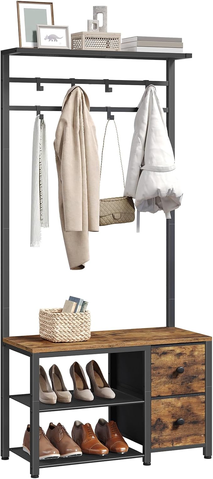 5-in-1 Hall Tree with Drawers, Entryway Bench with 8 Adjustable Coat Rack and Shoe Storage, Industrial Coat Rack with Bench for Entryway and Front Door, Rustic Brown and Black MT06BR