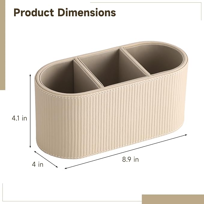OMISTAR 3-Compartment PU Leather Pen Holder, Desk Organizer Stylish Bedside Remote Holder Nightstand, Eyeglasses/Stationery/Makeup Brush Storage Box, Long-Lasting Desk Accessories, 8.9 x 4 x 4.1 in