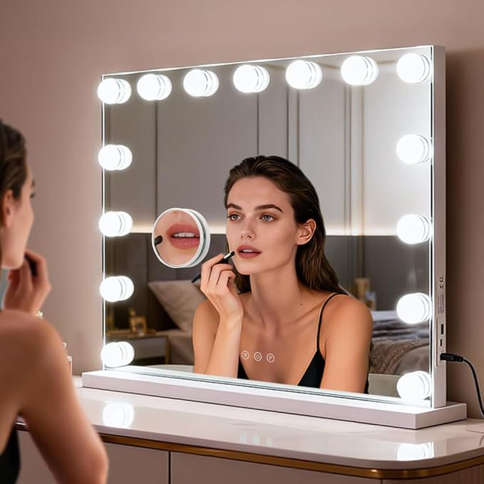 M MIVONDA Hollywood Vanity Mirror with Dimmable 15LED Bulbs Lights 3 Lighting Modes 2in1 Large Lighted Makeup Mirror for Desk and Wall with Plug-in and USB Charger Port