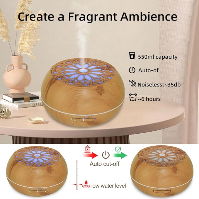 Diffuser with 6 Essential Oils for Large Room,550ml Aroma Diffusers with Remote Control for Home,Mini Humidifier with LED Night Lights for Office Yoga Room Decor Gift for Women Men(Light Wood Grain)
