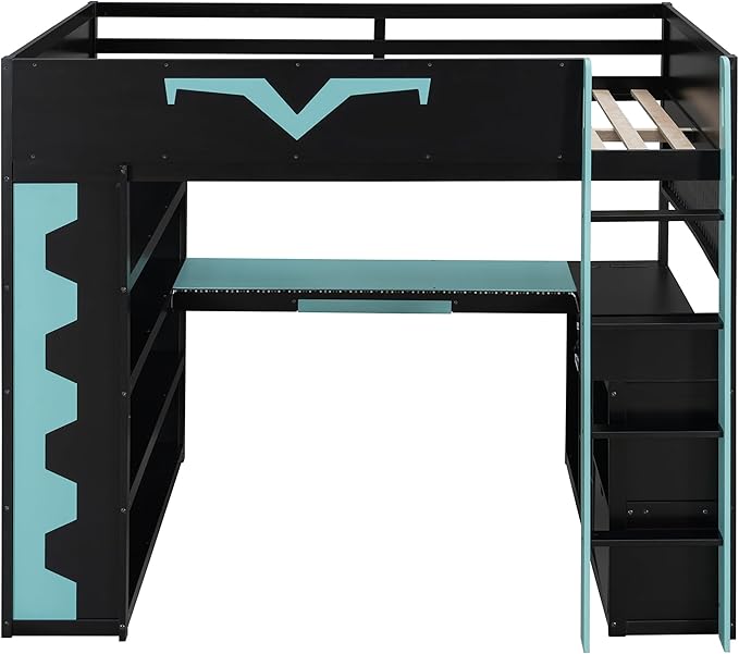 Full Size Gaming Loft Bed with Integrated Desk & RGB LED Lights,Bunk Bed with Power Outlet, Large Bookshelf, Pegboard, Keyboard Tray & Drawer (Blue-Bo, Full)