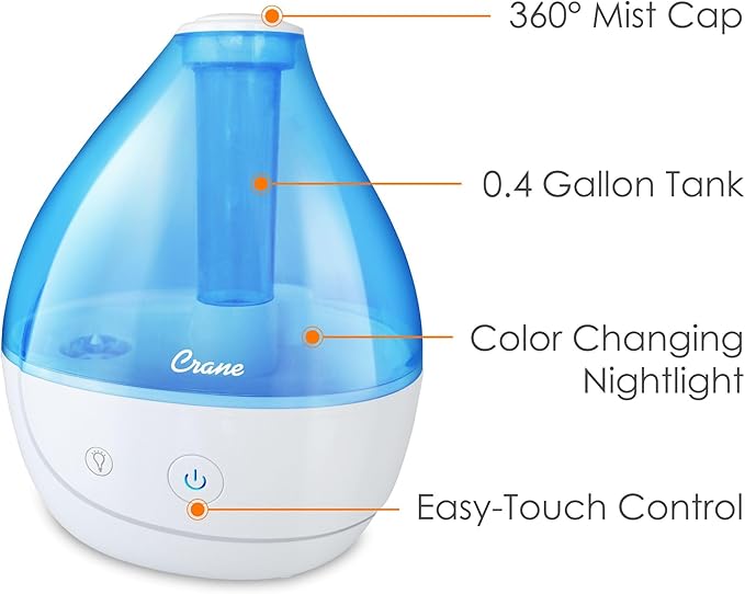 Crane Personal Ultrasonic Cool Mist Humidifier – 1.5 Liter, 8-Hour Run Time, Whisper Quiet, Auto Shut-Off, Filter-Free for Small Rooms, Offices, Nursery, Travel