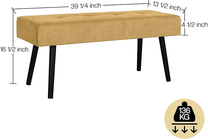 Entryway Bench - Bench for Bedroom, Modern Ottoman End of Bed, Corduroy Padded Benches for Living Room, Foyer, Mudroom, Hallway - 39" L x 14" W x 17" H