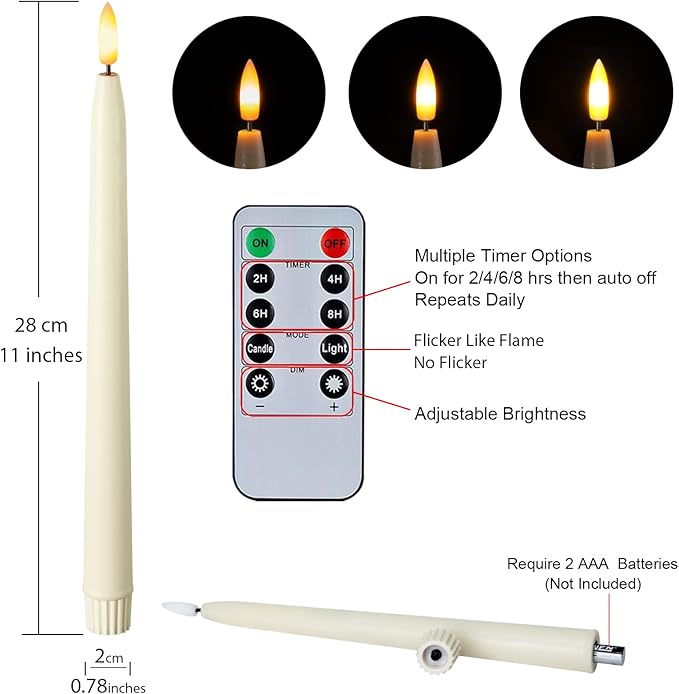 Homemory 11 inches Waxy Flameless Taper Candles with Remote Timer Dimmer, 2 Pcs Battery Operated Taper Candles with Flickering Flame, Ivory LED Candlesticks for Wedding, Christmas Indoor Decoration