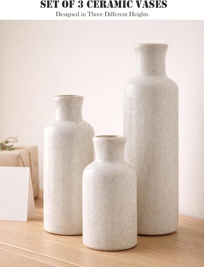 Small White Speckled Ceramic Vase Set of 3, Decorative Modern Vases for Shelf, Table, Living Room, Dried Flowers