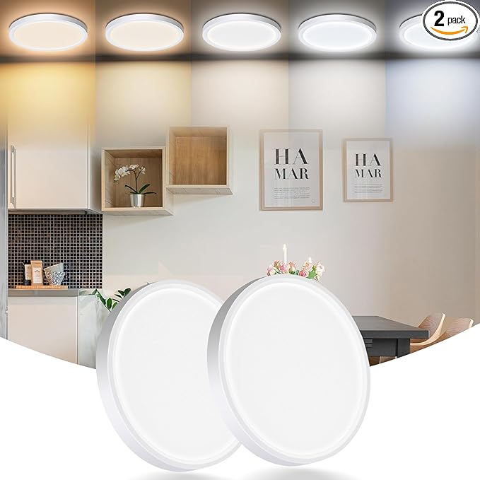 LED Flush Mount Ceiling Light , Super Slim 12W 7Inch 3000K/3500K/4500K/5000K/6500K 5 Color Changeable 1440LM Low Profile White Ceiling Light for Bedroom, Living Room, Dining Room, Hallway, Pack of 2
