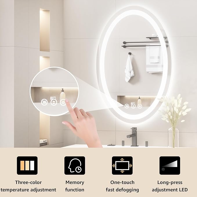 48"x36" Oval LED Mirror for Bathroom,Lighted Bathroom Vanity Mirror with Lights - Anti-Fog,Front Light and Backlit, Dimmable, 3 Colors,Mirror with Touch Sensor,Espejos para Baños