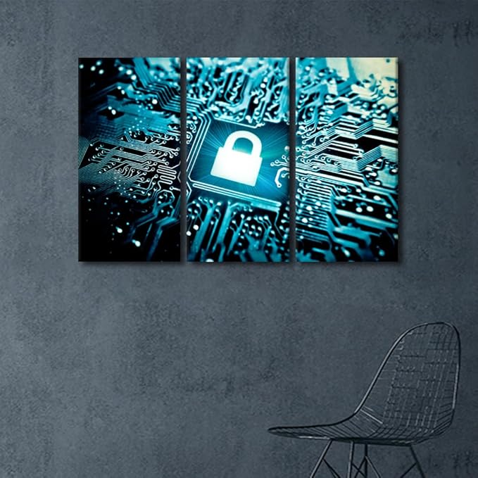 AI Intelligence Wall Art Canvas Prints Security Lock Symbol Wall Art Wall Decor 3 Pieces Canvas Wall Art AI Painting Room Wall Decor Modern Artwork Stretched and Framed Ready to Hang, 60"Wx40"H