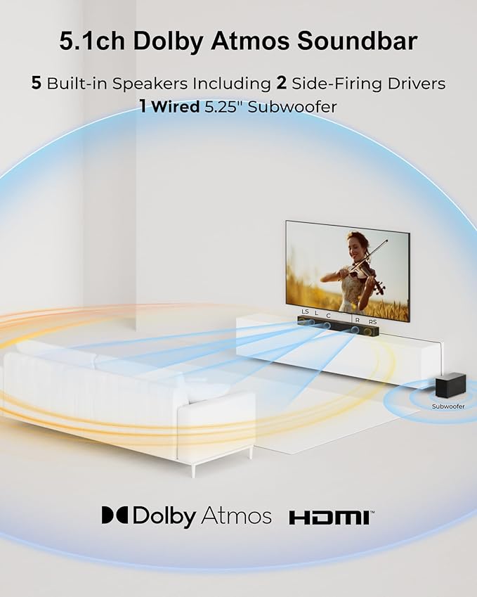 ULTIMEA 5.1CH Surround Sound Bar with Subwoofer, Dolby Atmos, VoiceMX, BassMX, APP, 300W Soundbar for Smart TV, Home Theater Surround Sound System for TV, BT 5.4, Poseidon M60 (2025 Model)