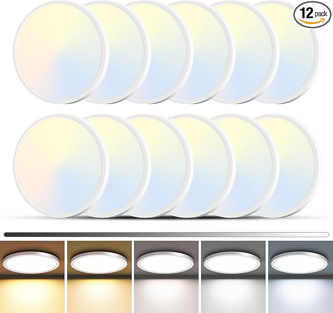 zemty 12Pack LED Flush Mount Ceiling Light, 12Inch 24W Dimmable Ceiling Lights Fixture, 5 Color Temperatures (3000K-6500K) White Round Ceiling Lamp for Bedroom, Kitchen, Hallway,Bathroom