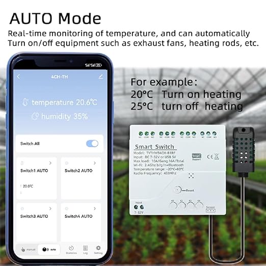 4 Channel Tuya app Dry Contact WIFI Wireless Smart Temperature Humidity Sensor Realy Switch,Compatible with Alexa Google Home, TYTHWB4CH-B1RF