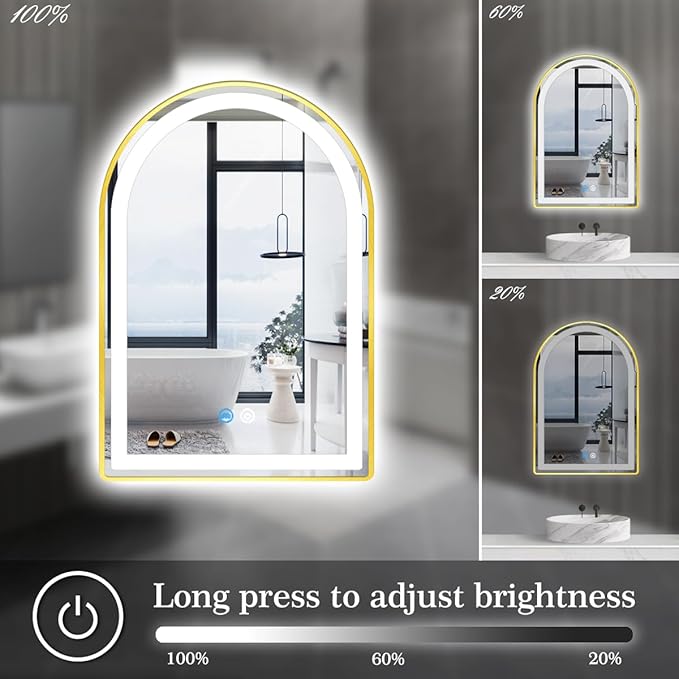 16 x 24 Inch Gold Arch LED Mirror for Bathroom Wall Makeup Desk Table Gold Arched Vanity Mirror with Lights AntiFog Smart Memory 3 Color Dimmable 24 Golden Frame Arched Lighted Vanity Mirrors