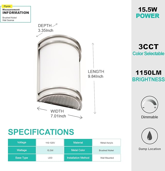 Indoor Wall Sconce, Half Cylinder Wall Light Fixture, 3000K 4000K 5000K Color Temperature Adjustable, Dimmable LED Modern Wall Light for Hallway Bedroom Living Room, Brushed Nickel, 2 Pack