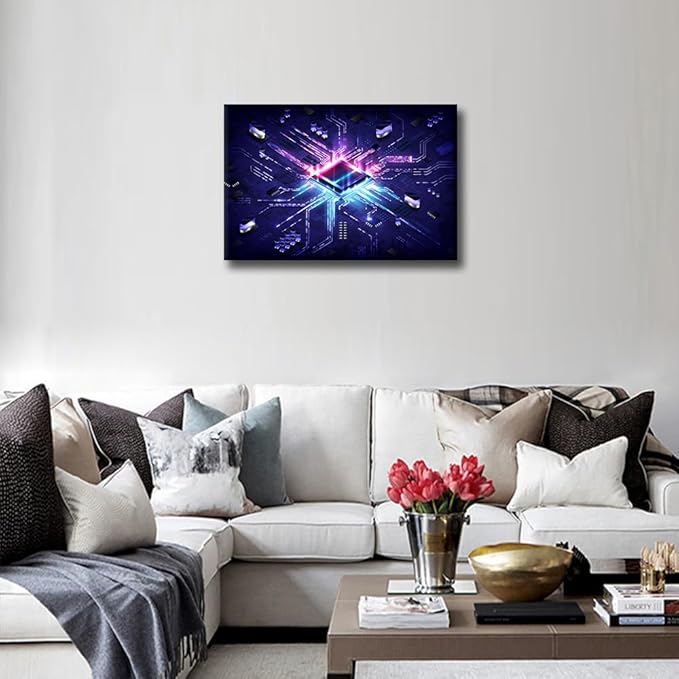 TUMOVO Wall Art for Living Room Glowing CPU Canvas Wall Art Futuristic CPU Contemporary Wall Art AI Posters and Prints Cyberpunk Tech Modern Artwork Ready to Hang for Bedroom Office, 18x12in