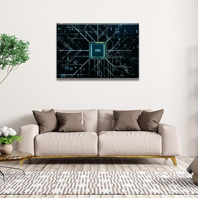 LSIUHWUWI CPU and Circuit Board Wall Art Painting for Living Room Decor Flying CPU and Installation in Center Circuit Board Canvas Prints Artwork Wall Decor Large Size Framed Ready to Hang 24x36 INCH