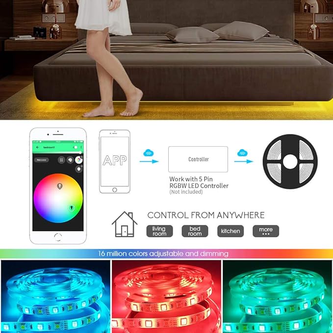 GIDERWEL RGBW LED Strip Light,16.4ft RGB+Cold White SMD5050 Flexible 12V LED Strips 300LEDs,Dimmable Mixed Color Changing LED Tape Light Ambiance Lighting for Party Home Kitchen,Only 5m Strips