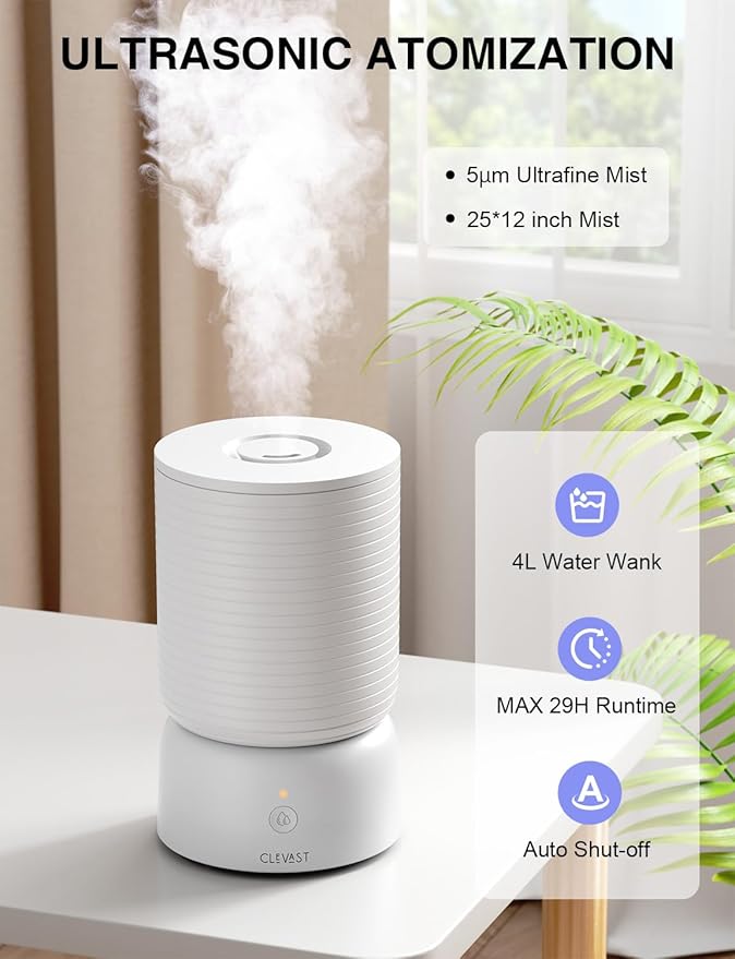 CLEVAST Humidifiers for Bedroom - Smart 1 Gal Cool Mist Top Fill Humidifier with Essential Oil Diffuser, Quiet Operation for Baby Nursery, Home, Office, Room, Compatible with Alexa/Google Assistant