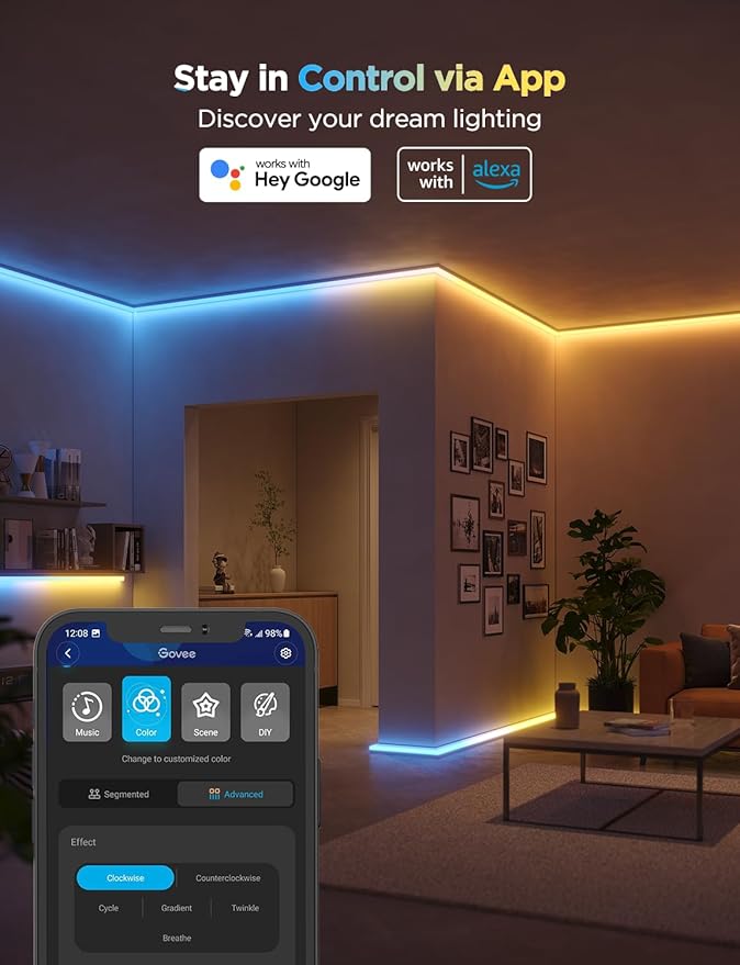 Govee RGBIC LED Strip Lights 3.28ft Extension with Covers, LED Diffuser Channel with LED Lights for Bedroom, Skirting Lines, Studio, Cabinet, Smart LED Lights Work with Alexa and Google Assistant