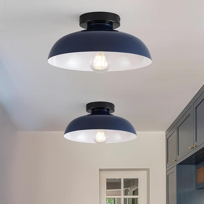 2 Pack 12 Inch Metal Semi Flush Mount Ceiling Light Fixture Industrial Small Ceiling Lights Kitchen Lighting Fixtures Ceiling with Navy Blue Shade for Hallway Entryway Bedroom Foyer Bathroom Laundry