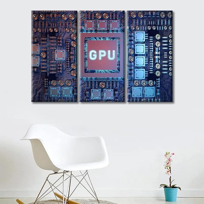 TUMOVO Modern GPU Card with Circuit and Colorful Lights Bathroom Decor Wall Art 3 Piece Motherboard Digital Chip Bedroom Decor Posters and Prints Framed Ready to Hang (36" Wx24 H)