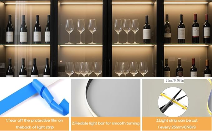 12V Warmwhite COB LED Strip Light Kit-6pcs 6.56FT Self-Adhesive LED Strip Parallel with Dimmable Touch Sensor Switch, Led Light Strip for Wood Slat Wall Panels, Home decor, Under Cabinet Strip Light