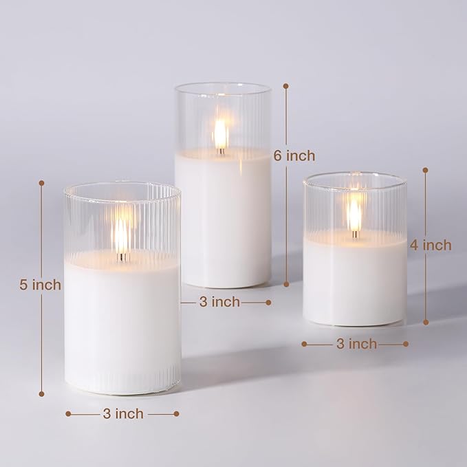 Eywamage Clear Ribbed Glass Flameless Candles with Remote, Flickering LED Pillar Candles Real Wax, Set of 3