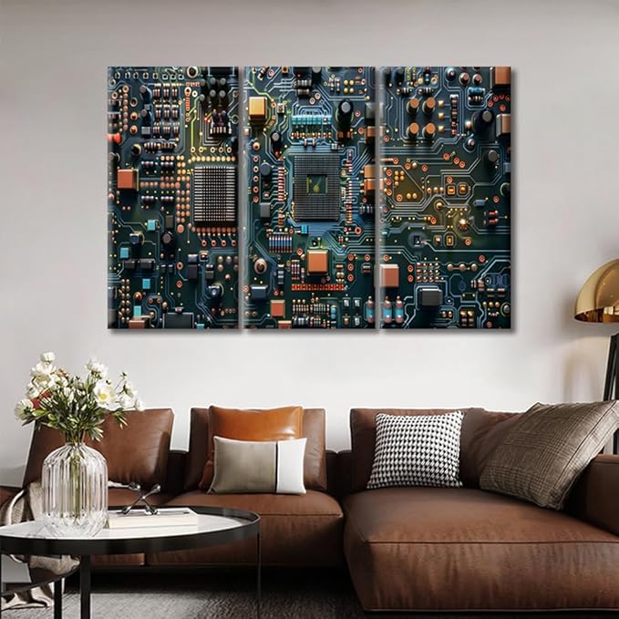 3 Panels Framed Wall Art Microcontroller Technology Canvas Wall Art Circuit Board Pictures Modern Wall Art for Bedroom Living Room Art Prints Stretched and Framed Ready to Hang 60"Wx40"H