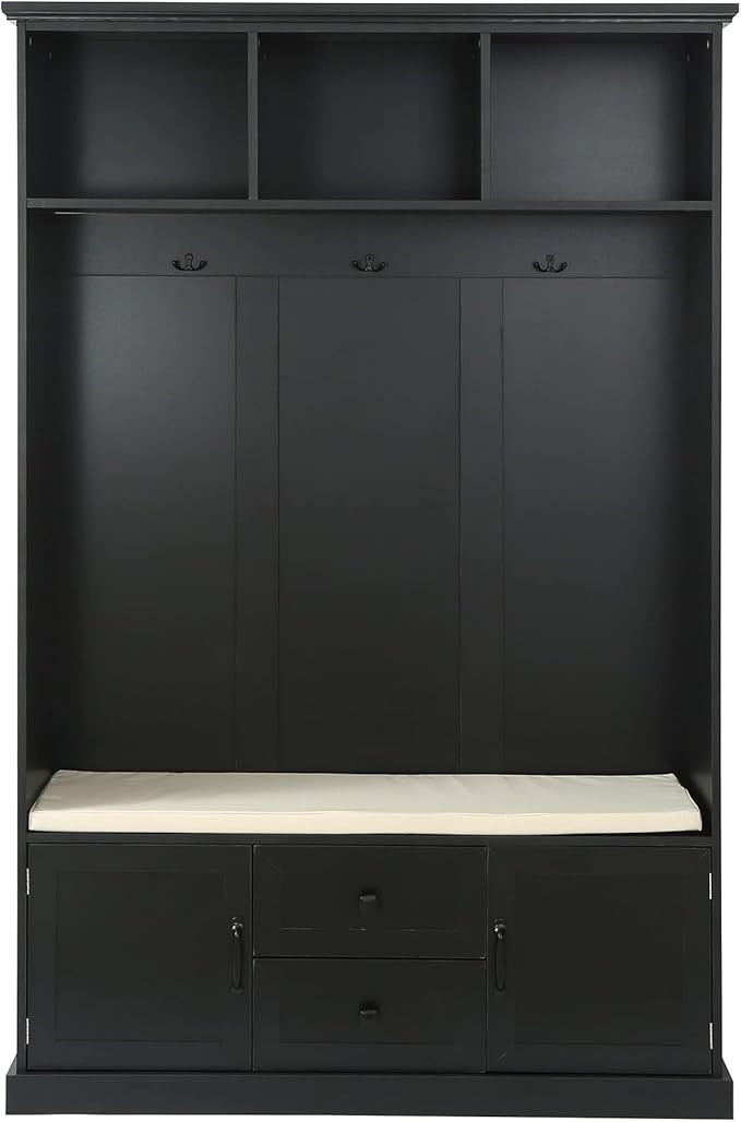 RUNNA Wooden 3-in-1 Hall Tree with 2 Cabinet and 2 Drawers,3 Open Shelves and 3 Hooks,Coat Hanger and Storage Bench,for Livingroom Hallway Entryway Use (Black@Hanger)