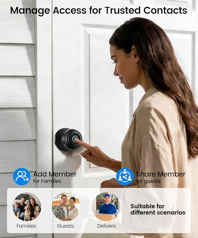 Fingerprint Door Lock, Smart Fingerprint Door Knob with Lock, Biometric Door Locks with App Control & Key, Keyless Thumbprint Entry Door Locks for Bedroom, Front Door, Apartment-Polished Black